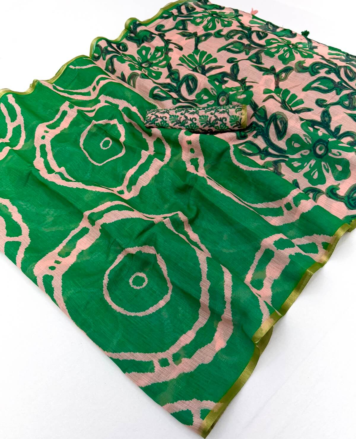 Cynosure Green Printed Cotton Silk Saree With Glittering Blouse Piece