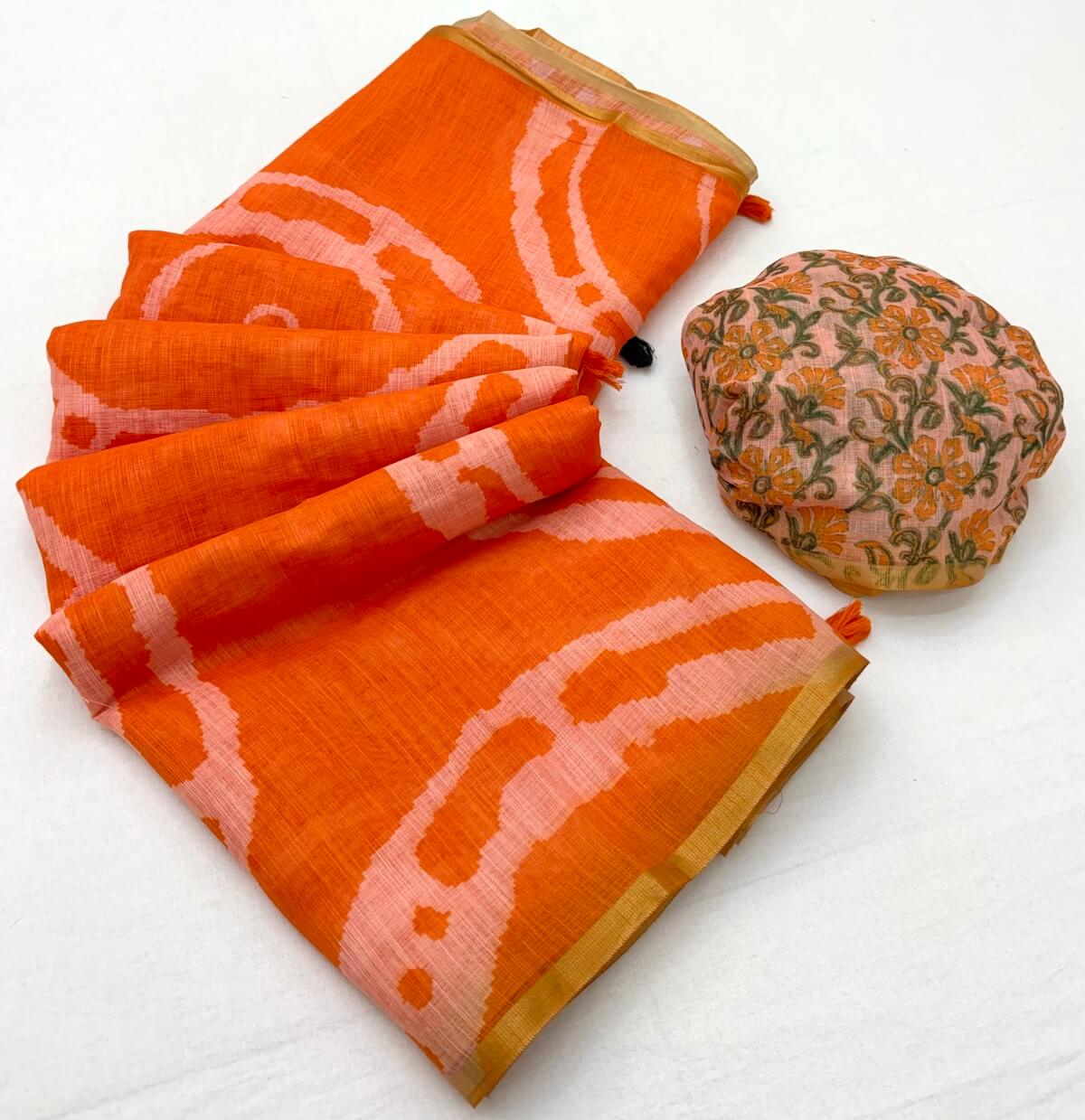 Eclat Orange Printed Cotton Silk Saree With Fantabulous Blouse Piece