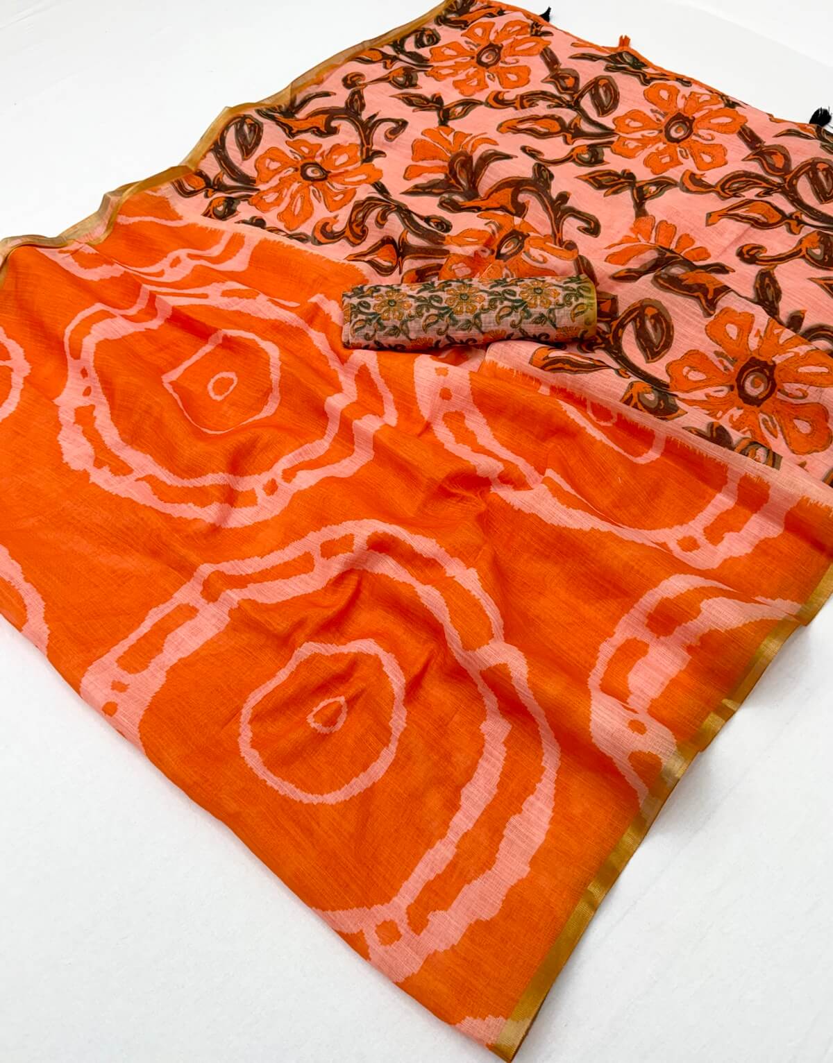 Eclat Orange Printed Cotton Silk Saree With Fantabulous Blouse Piece