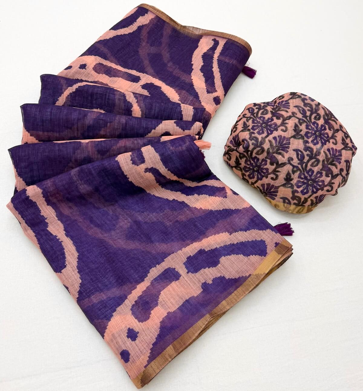 Magnetic Purple Printed Cotton Silk Saree With Prominent Blouse Piece