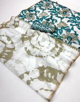 Opulent Off White Printed Cotton Silk Saree With Pleasant Blouse Piece