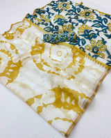 Elision Off White Printed Cotton Silk Saree With Dissemble Blouse Piece