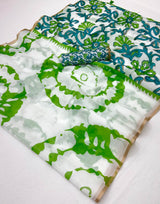 Delightful Off White Printed Cotton Silk Saree With Prettiest Blouse Piece