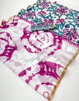 Nectarous Off White Printed Cotton Silk Saree With Snazzy Blouse Piece
