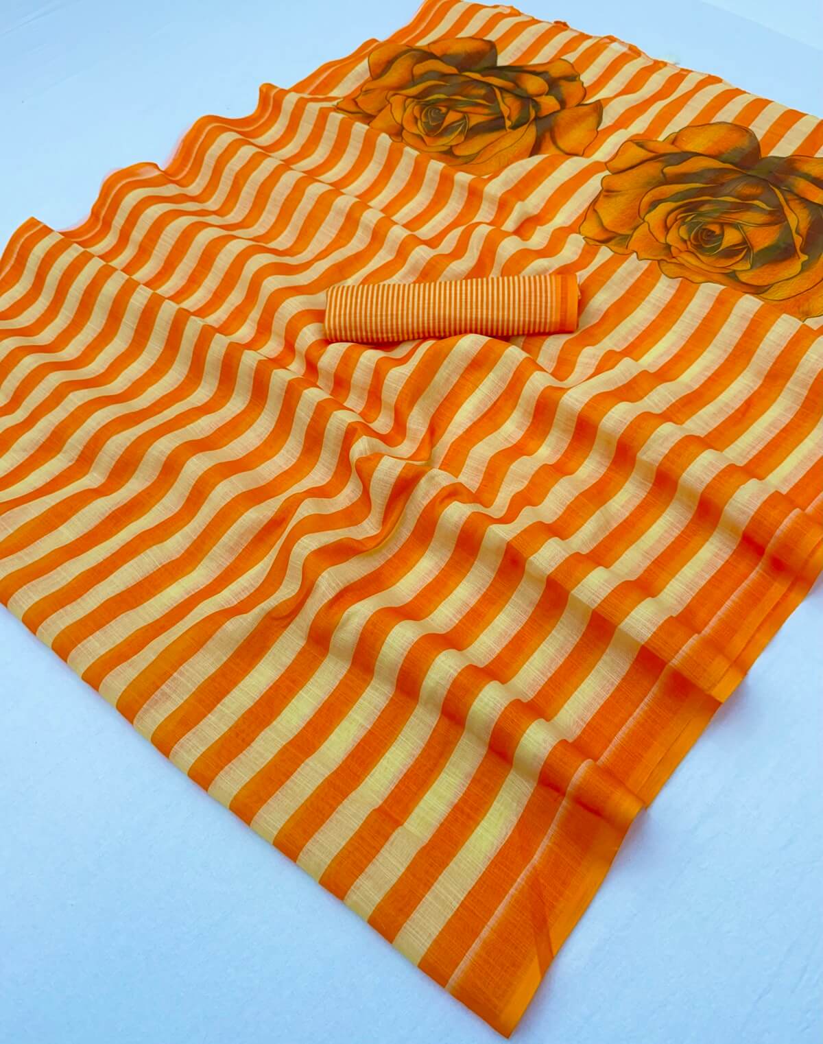 Intricate Orange Printed Cotton Silk Saree With Improbable Blouse Piece