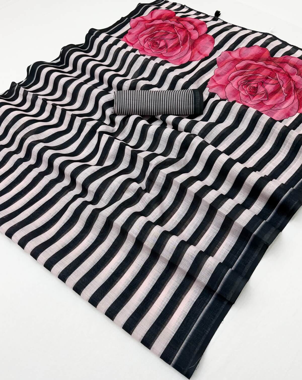 Sophisticated Black Printed Cotton Silk Saree With Scintillating Blouse Piece