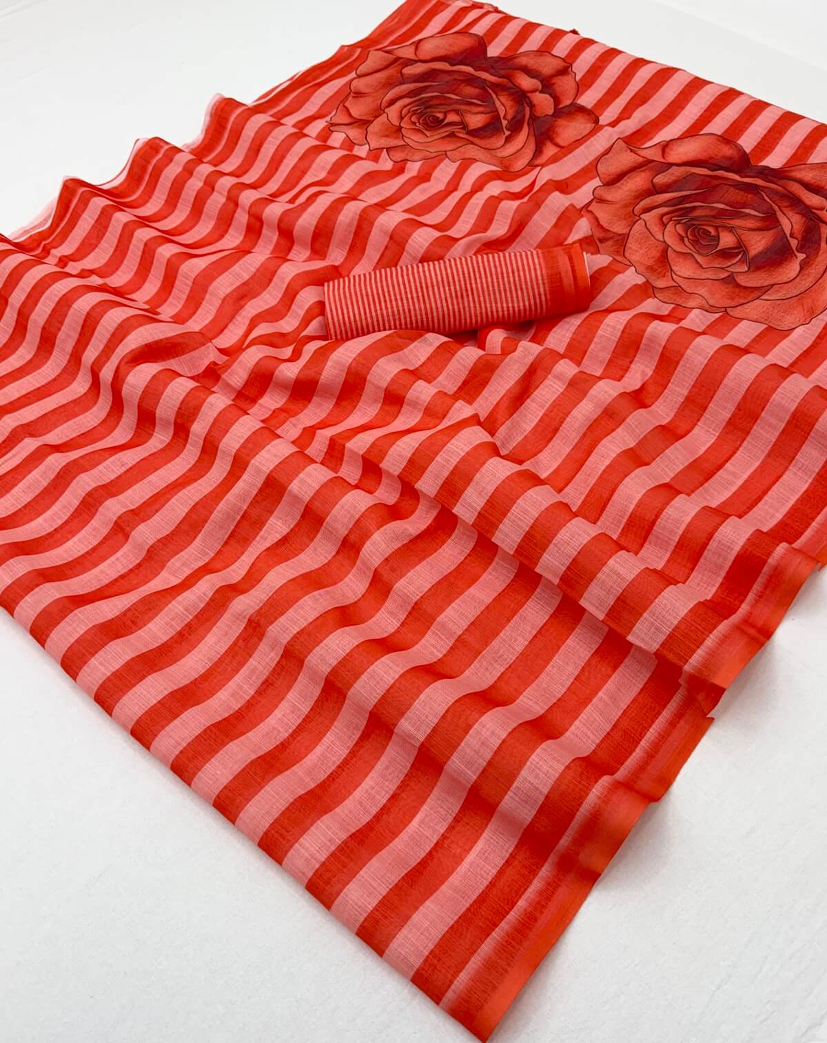 Ephemeral Red Printed Cotton Silk Saree With Piquant Blouse Piece