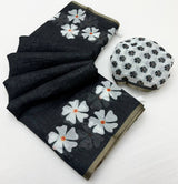 Lissome Black Printed Cotton Silk Saree With Inspiring Blouse Piece