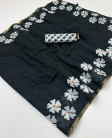 Lissome Black Printed Cotton Silk Saree With Inspiring Blouse Piece