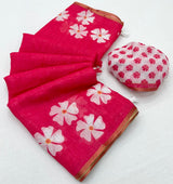 Profuse Dark Pink Printed Cotton Silk Saree With Exquisite Blouse Piece