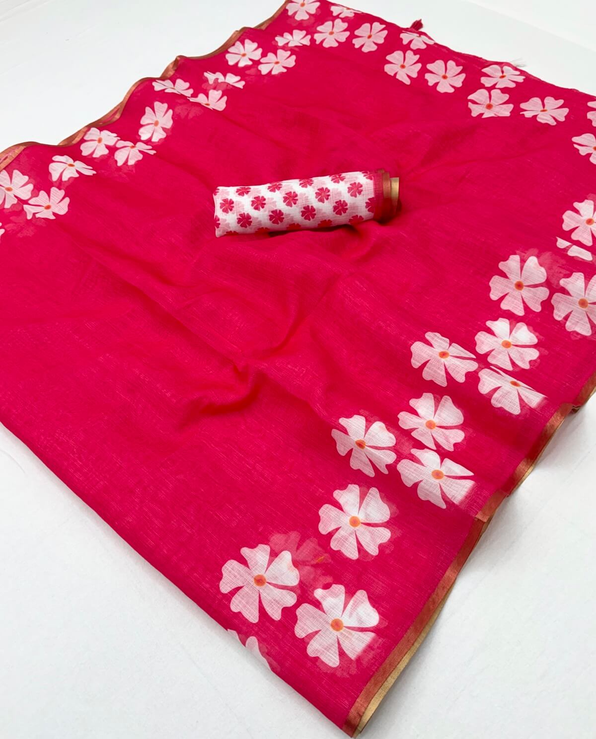 Profuse Dark Pink Printed Cotton Silk Saree With Exquisite Blouse Piece