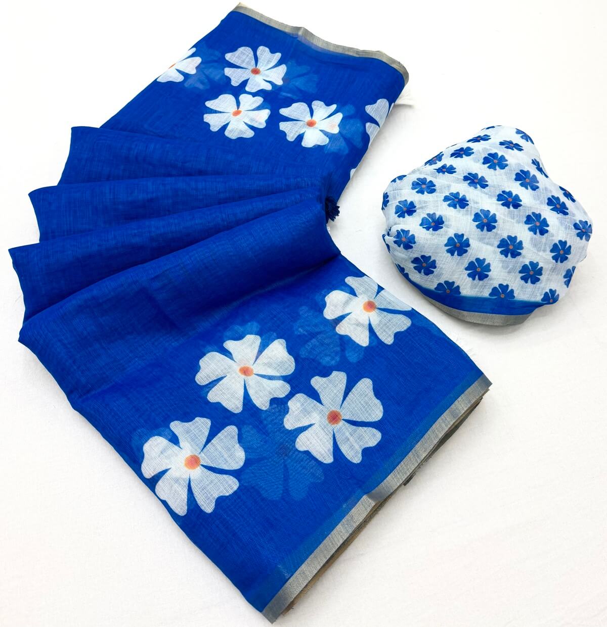 Brood Royal Blue Printed Cotton Silk Saree With Effulgent Blouse Piece