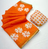 Majestic Orange Printed Cotton Silk Saree With Dazzling Blouse Piece