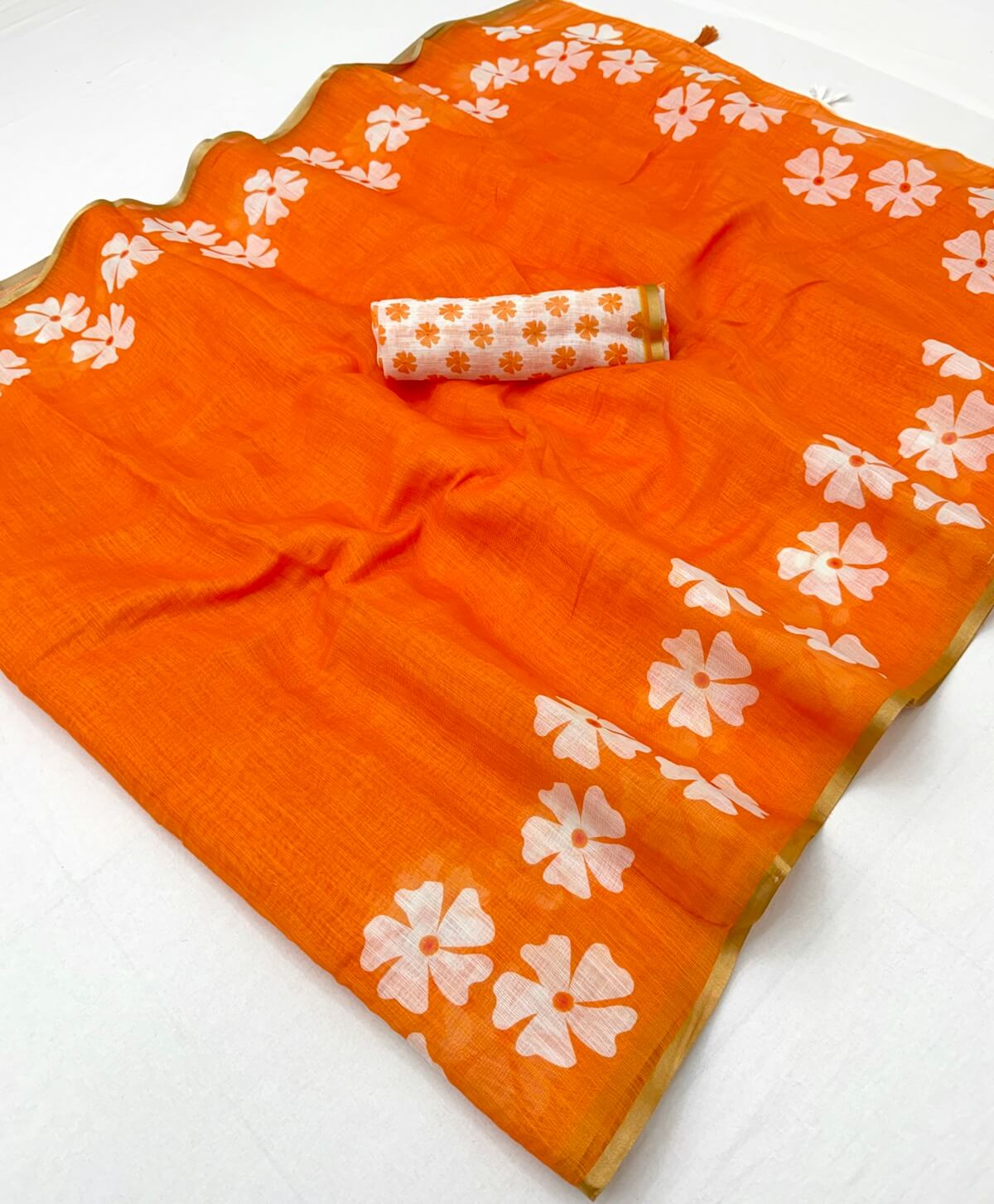 Majestic Orange Printed Cotton Silk Saree With Dazzling Blouse Piece