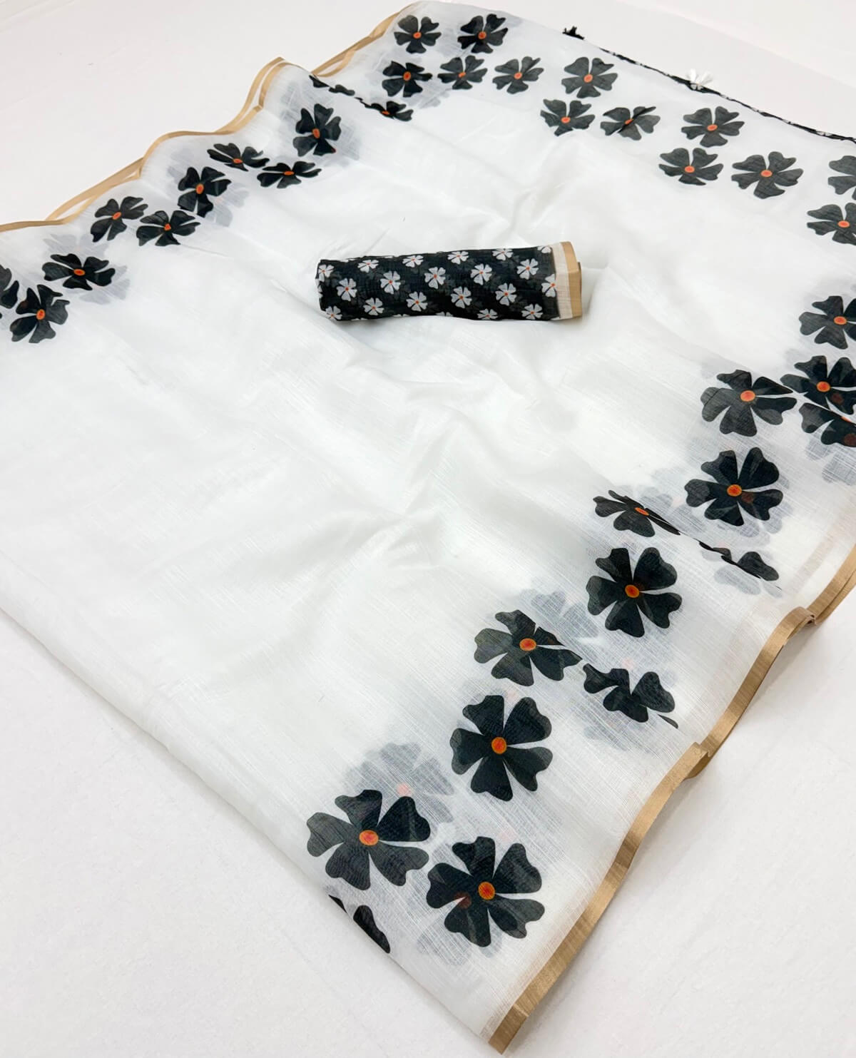 Girlish Off White Printed Cotton Silk Saree With Glowing Blouse Piece