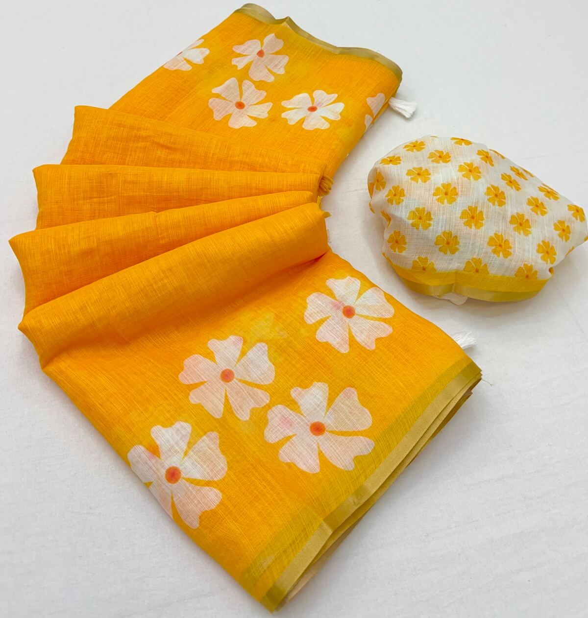 Entrancing Yellow Printed Cotton Silk Saree With Incredible Blouse Piece