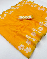 Entrancing Yellow Printed Cotton Silk Saree With Incredible Blouse Piece
