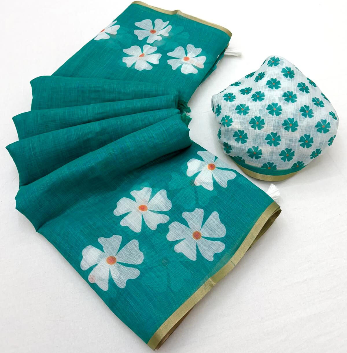 Flamboyant Sea Green Printed Cotton Silk Saree With Imaginative Blouse Piece
