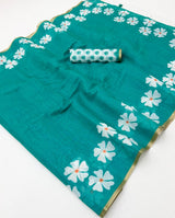 Flamboyant Sea Green Printed Cotton Silk Saree With Imaginative Blouse Piece