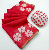 Verdant Red Printed Cotton Silk Saree With Twirling Blouse Piece