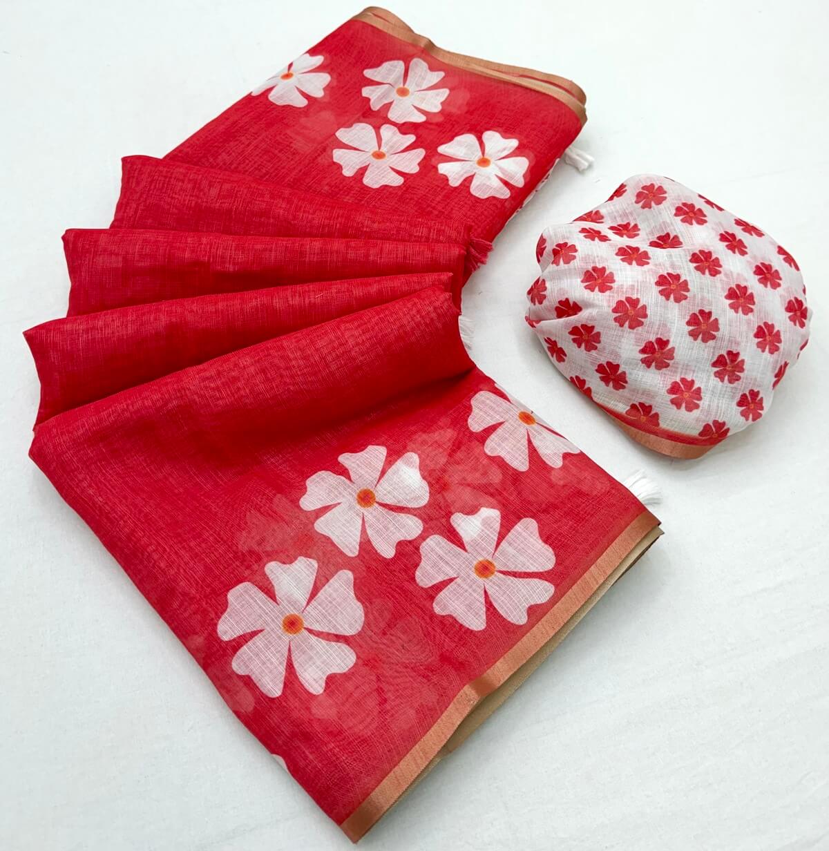 Verdant Red Printed Cotton Silk Saree With Twirling Blouse Piece