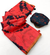 Precious Red Printed Cotton Silk Saree With Pleasurable Blouse Piece