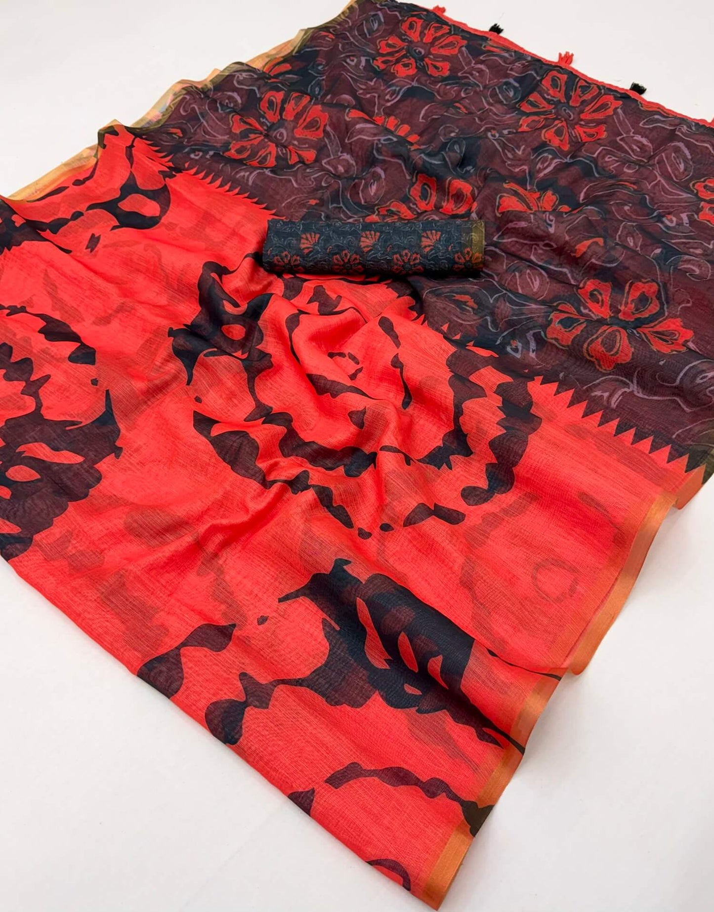 Precious Red Printed Cotton Silk Saree With Pleasurable Blouse Piece