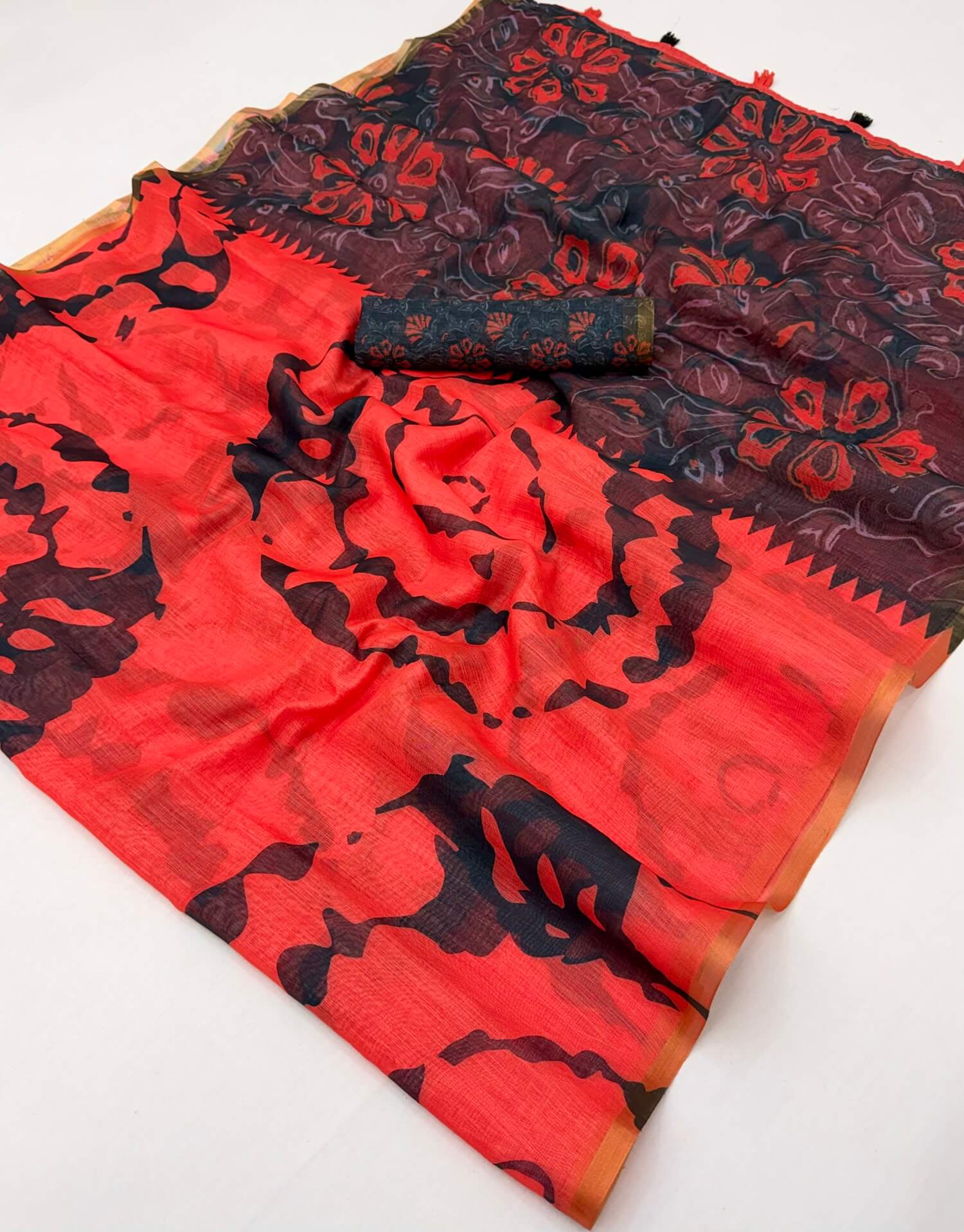 Precious Red Printed Cotton Silk Saree With Pleasurable Blouse Piece