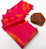 Elision Dark Pink Printed Cotton Silk Saree With Magnetic Blouse Piece