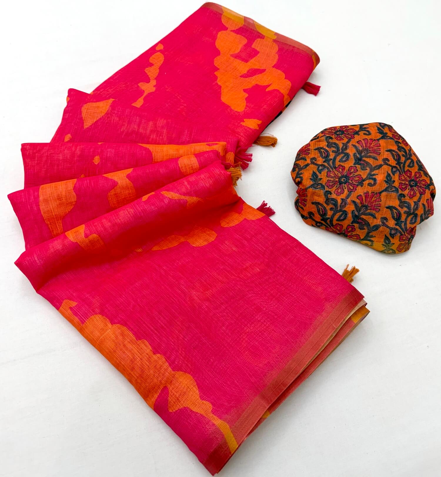 Elision Dark Pink Printed Cotton Silk Saree With Magnetic Blouse Piece
