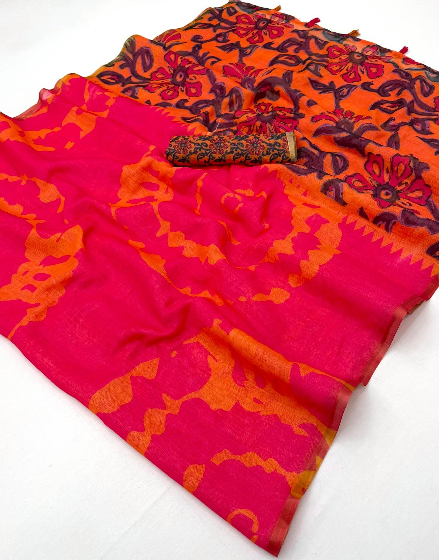 Elision Dark Pink Printed Cotton Silk Saree With Magnetic Blouse Piece
