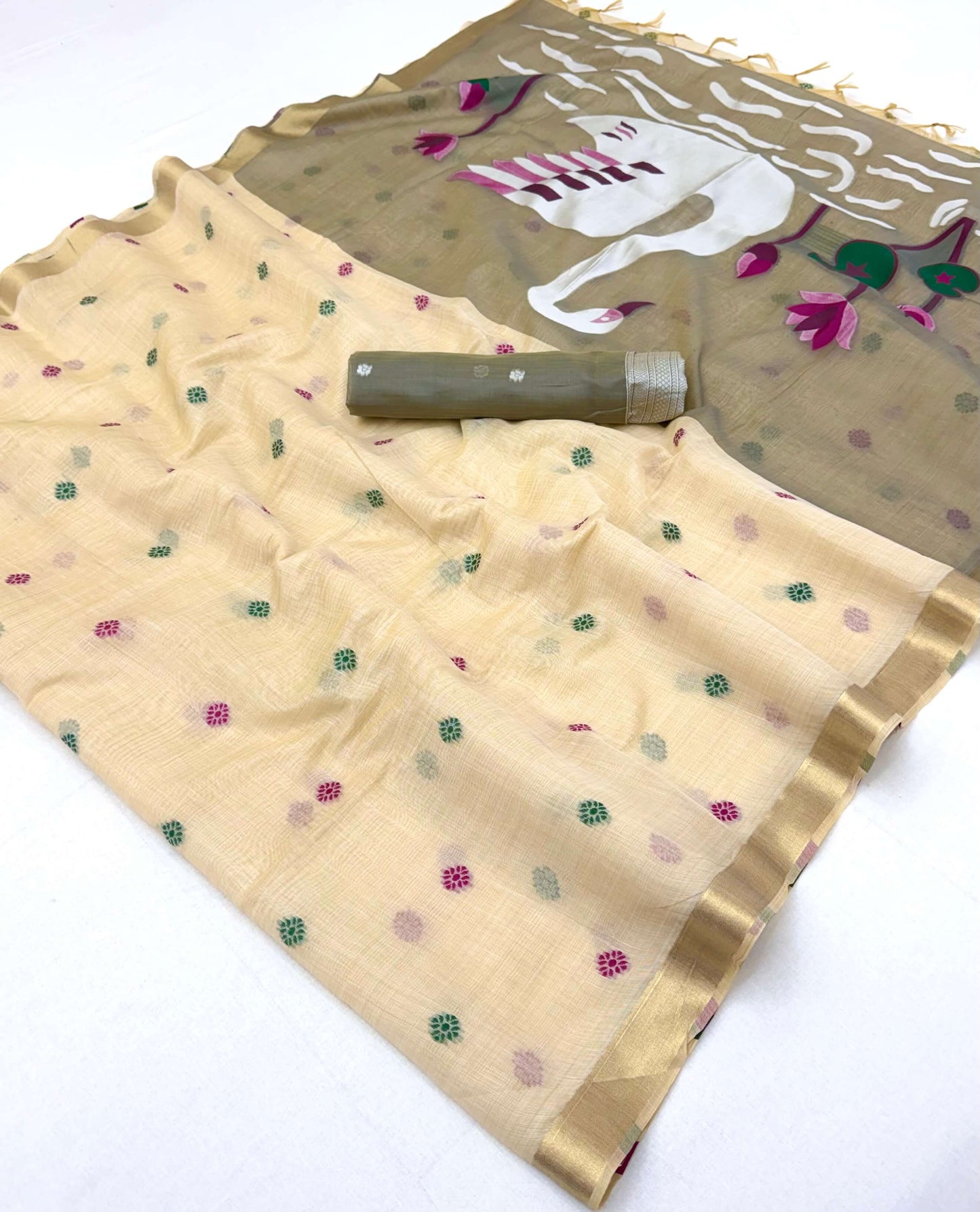 Glamorous Beige Pure Munga Cotton Silk Saree With Flaunt Blouse Piece
