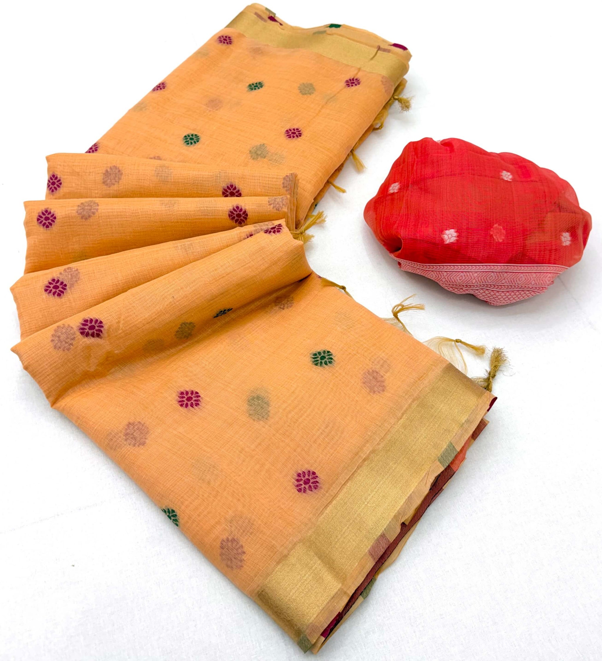 Transcendent Peach Pure Munga Cotton Silk Saree With Captivating Blouse Piece