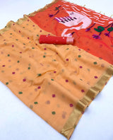Transcendent Peach Pure Munga Cotton Silk Saree With Captivating Blouse Piece