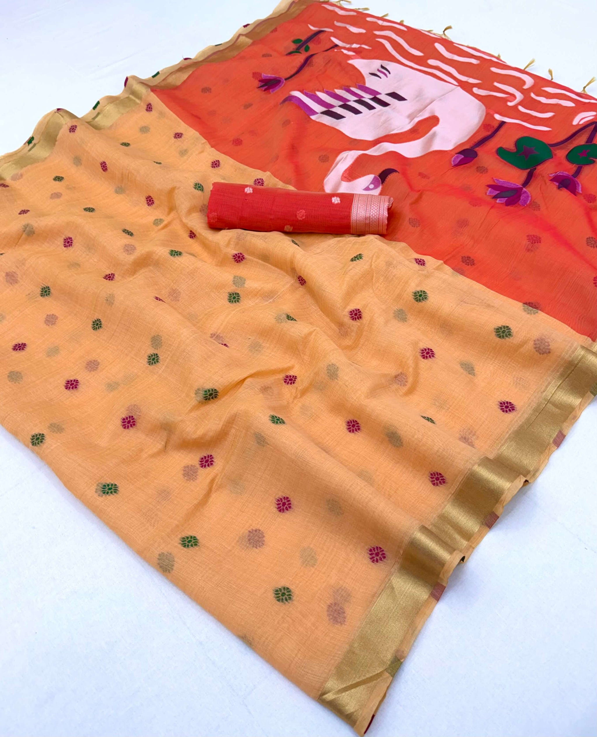 Transcendent Peach Pure Munga Cotton Silk Saree With Captivating Blouse Piece