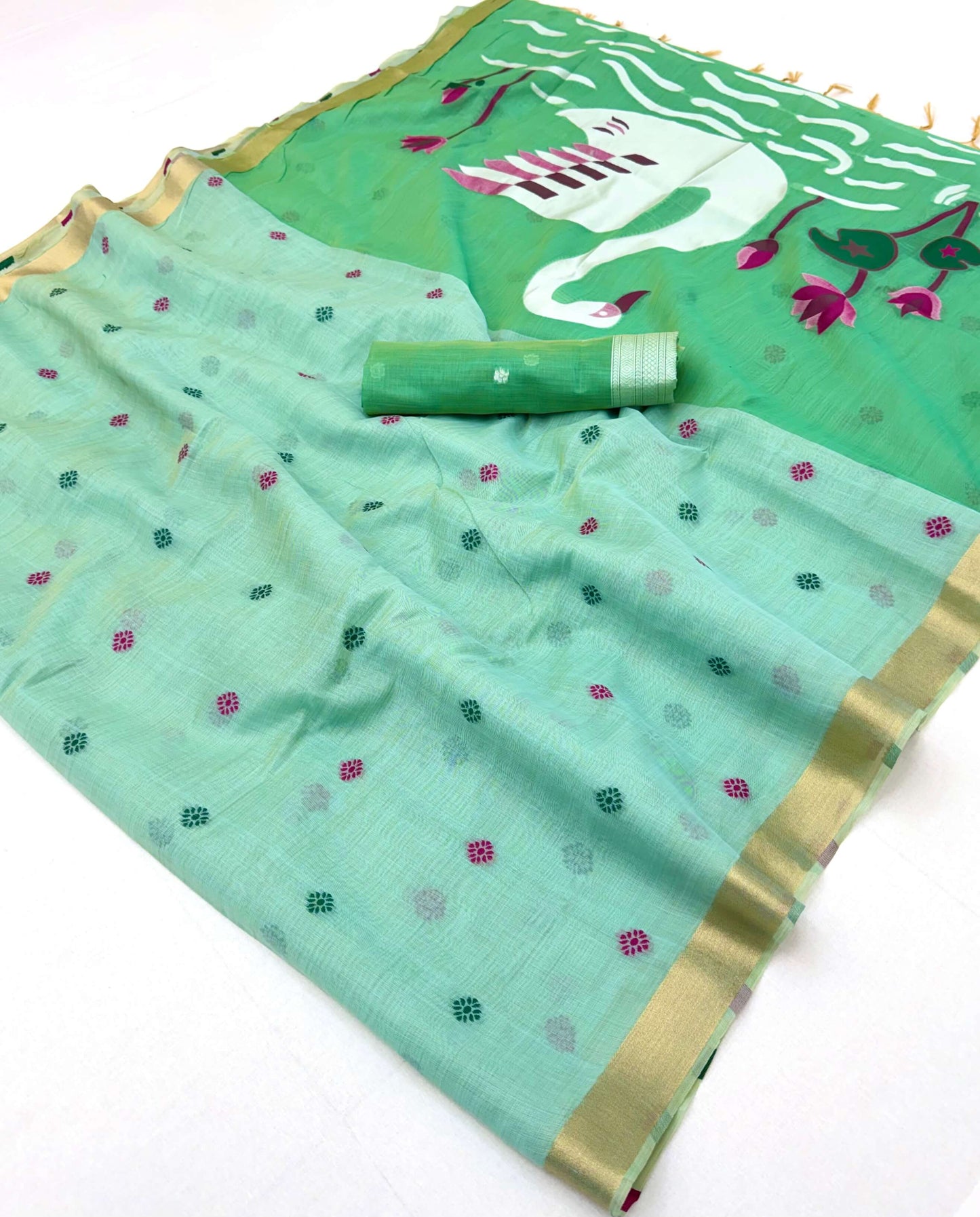 Mesmeric Sea Green Pure Munga Cotton Silk Saree With Prodigal Blouse Piece