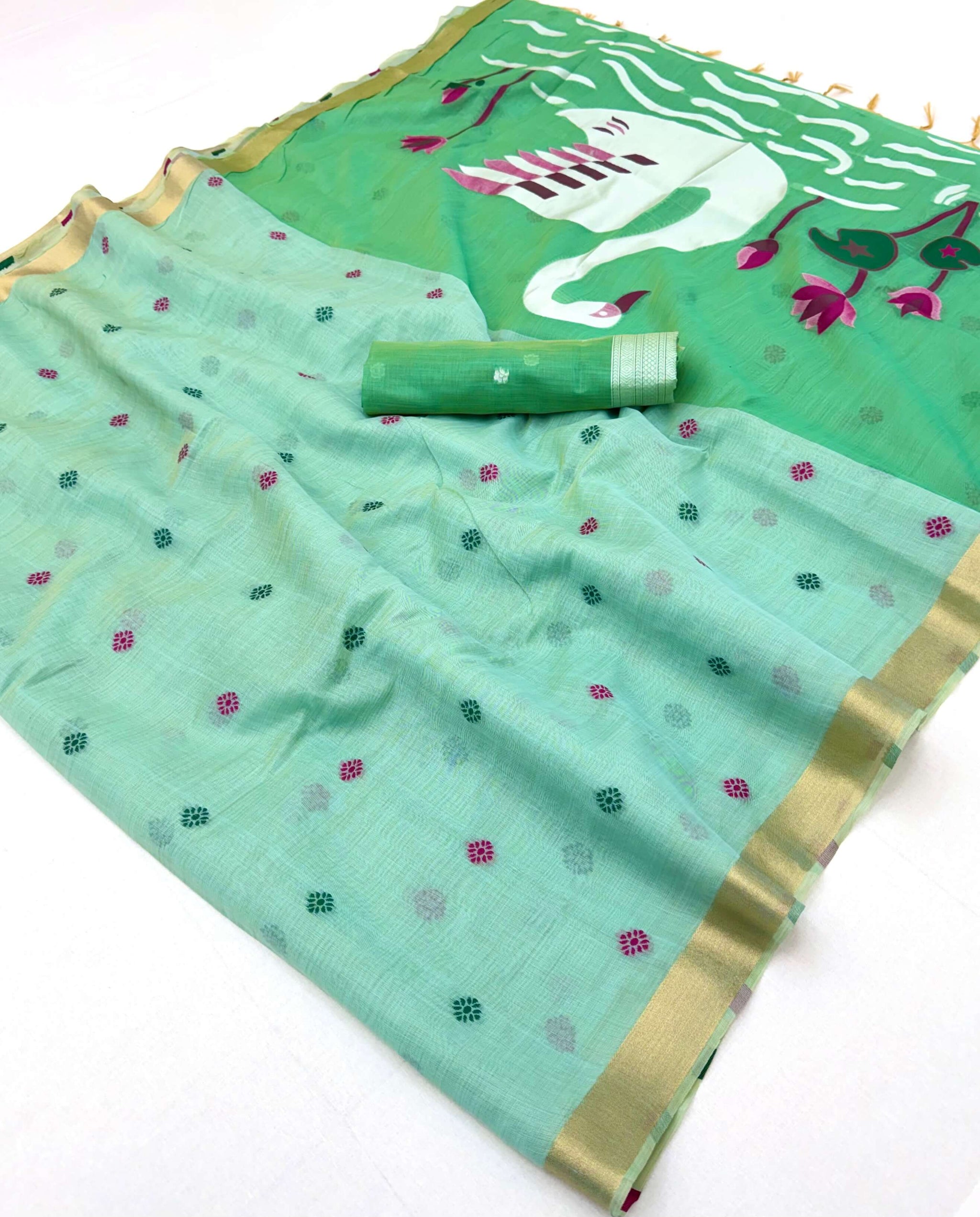 Mesmeric Sea Green Pure Munga Cotton Silk Saree With Prodigal Blouse Piece
