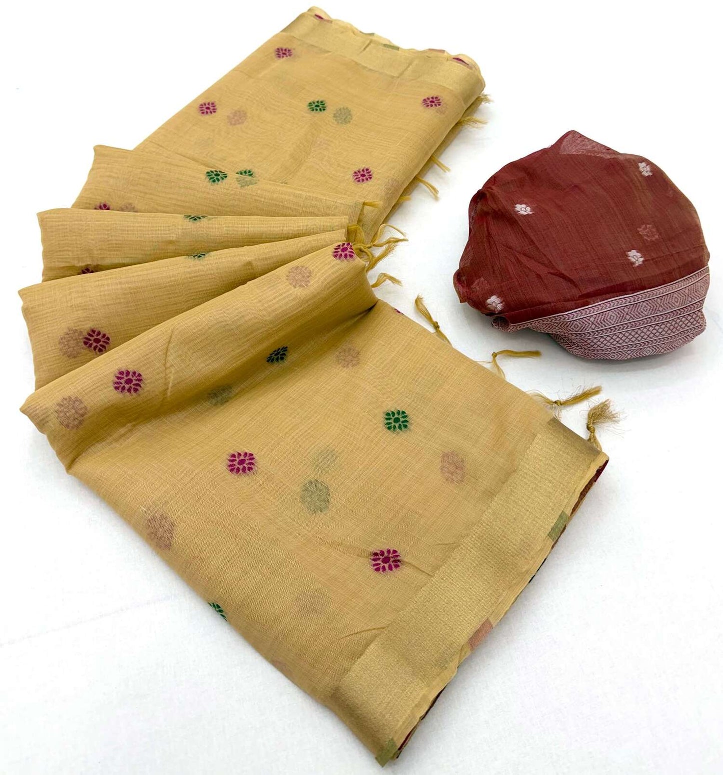 Inimitable Yellow Pure Munga Cotton Silk Saree With Blooming Blouse Piece