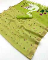 Gorgeous Green Pure Munga Cotton Silk Saree With Surpassing Blouse Piece