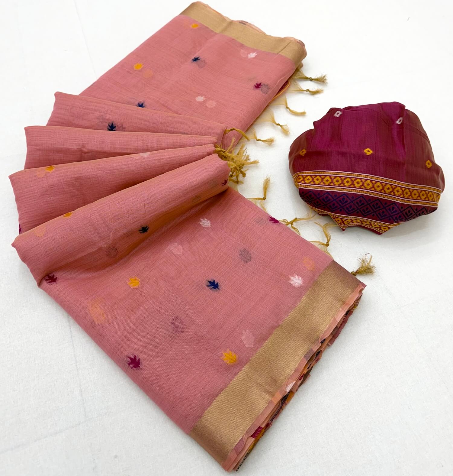 Appealing Pink Pure Munga Cotton Silk Saree With Woebegone Blouse Piece