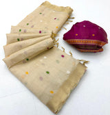 Elaborate Beige Pure Munga Cotton Silk Saree With Unequalled Blouse Piece