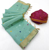 Glittering Sea Green Pure Munga Cotton Silk Saree With Effulgent Blouse Piece