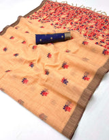 Enticing Peach Pure Munga Cotton Silk Saree With Exceptional Blouse Piece