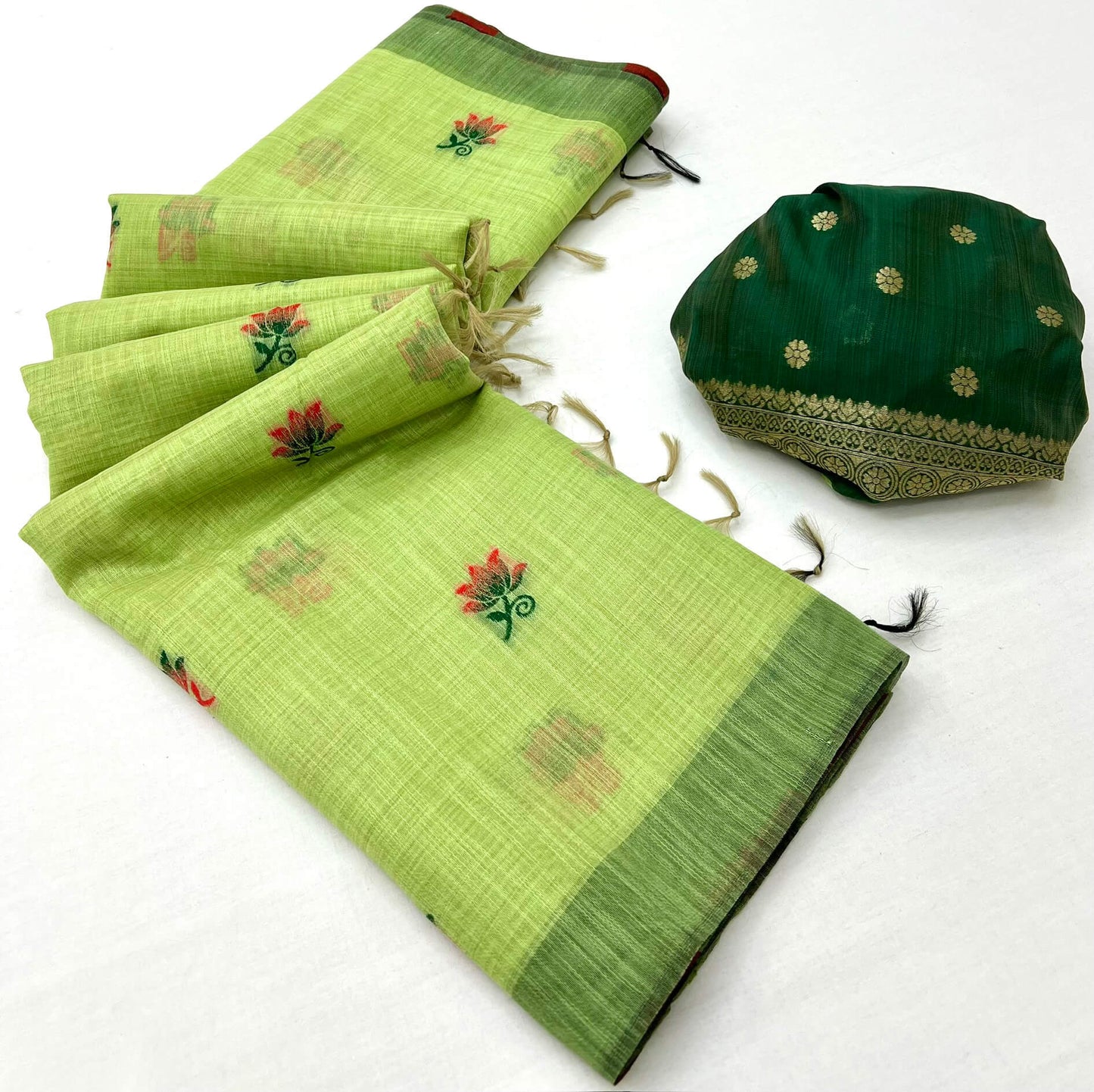 Luminous Pista Pure Munga Cotton Silk Saree With Serendipity Blouse Piece