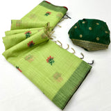Luminous Pista Pure Munga Cotton Silk Saree With Serendipity Blouse Piece