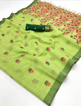Luminous Pista Pure Munga Cotton Silk Saree With Serendipity Blouse Piece