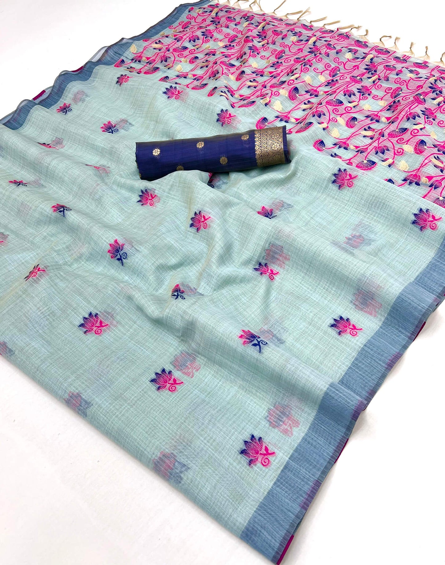 Scintilla Sea Green Pure Munga Cotton Silk Saree With Gossamer Blouse Piece