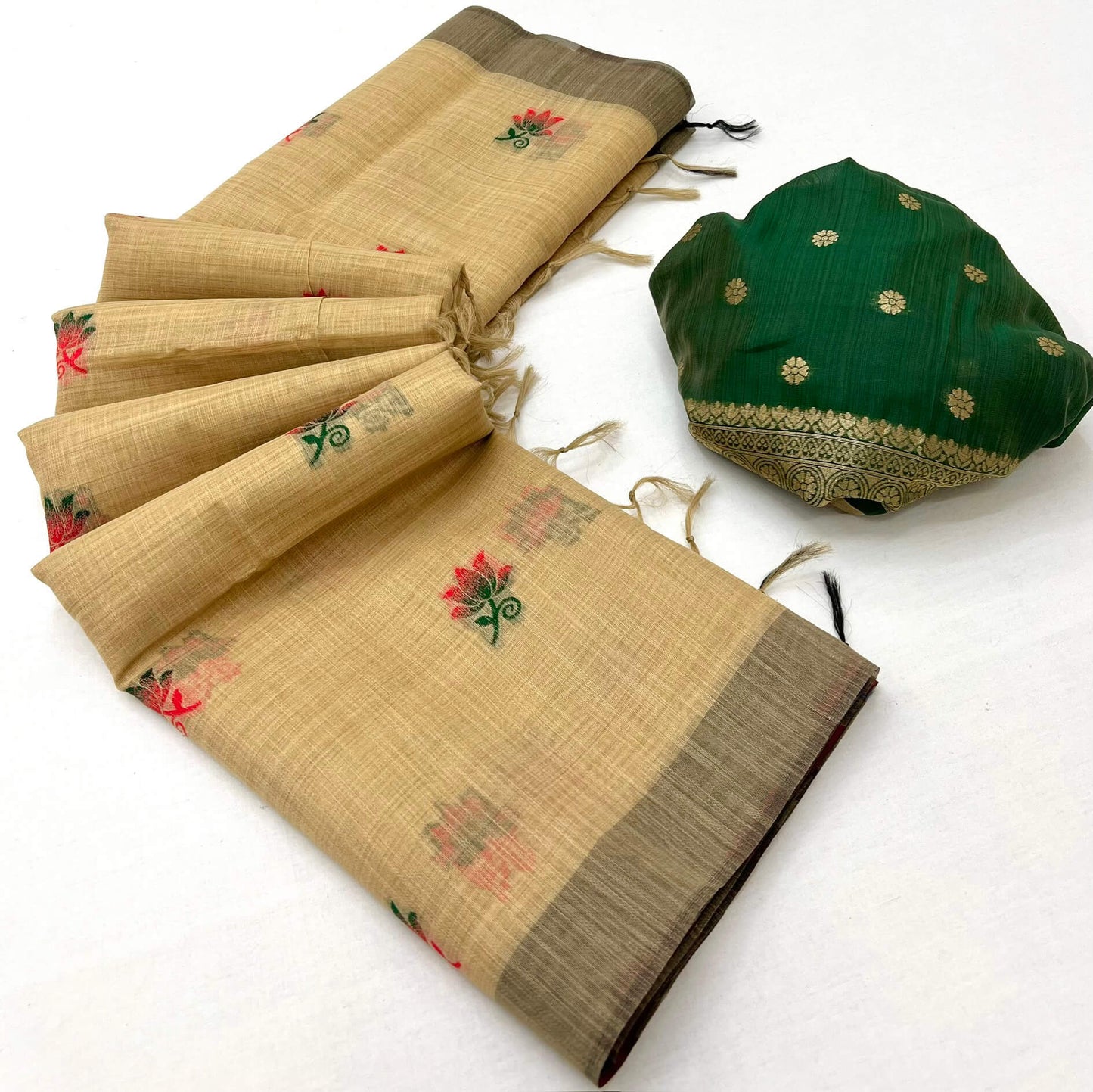 Bewitching Beige Pure Munga Cotton Silk Saree With Classy Blouse Piece