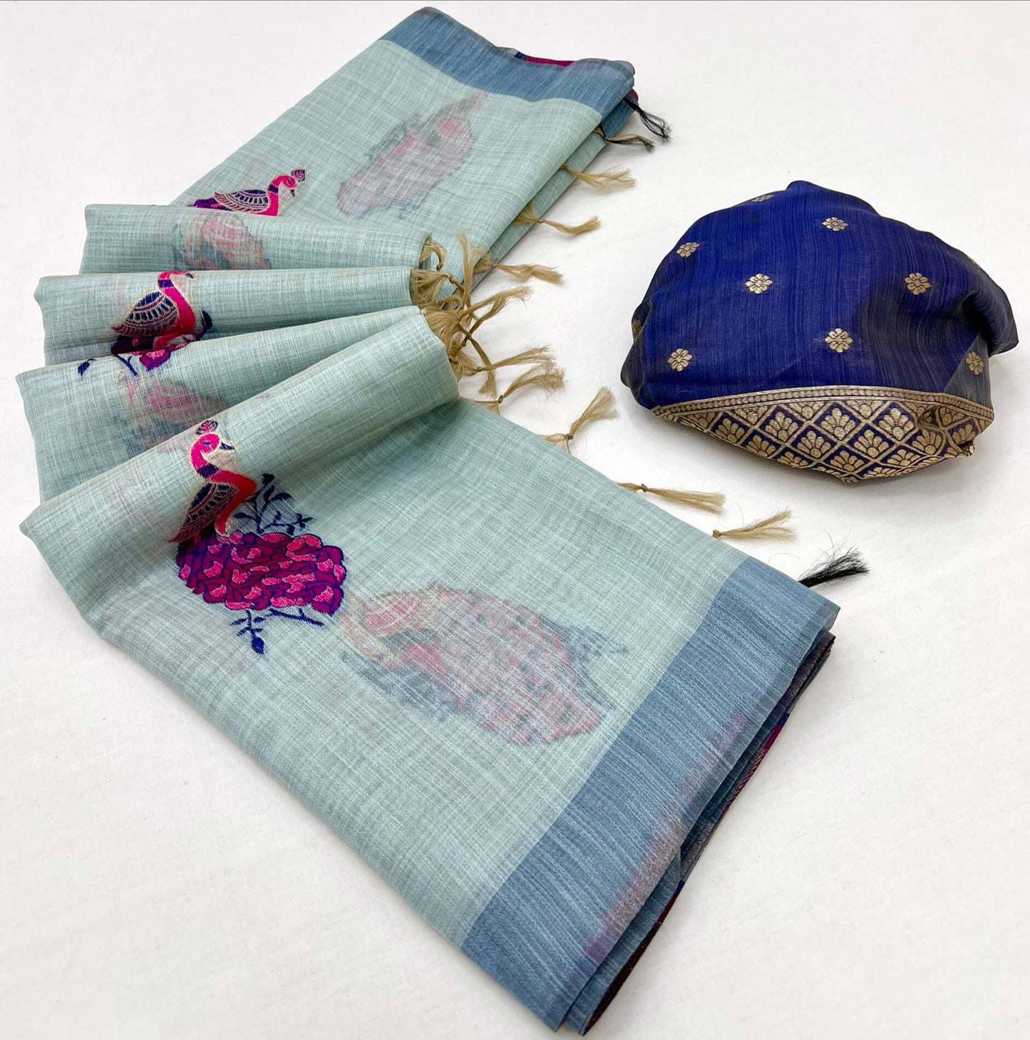 Prominent Sky Pure Munga Cotton Silk Saree With Divine Blouse Piece