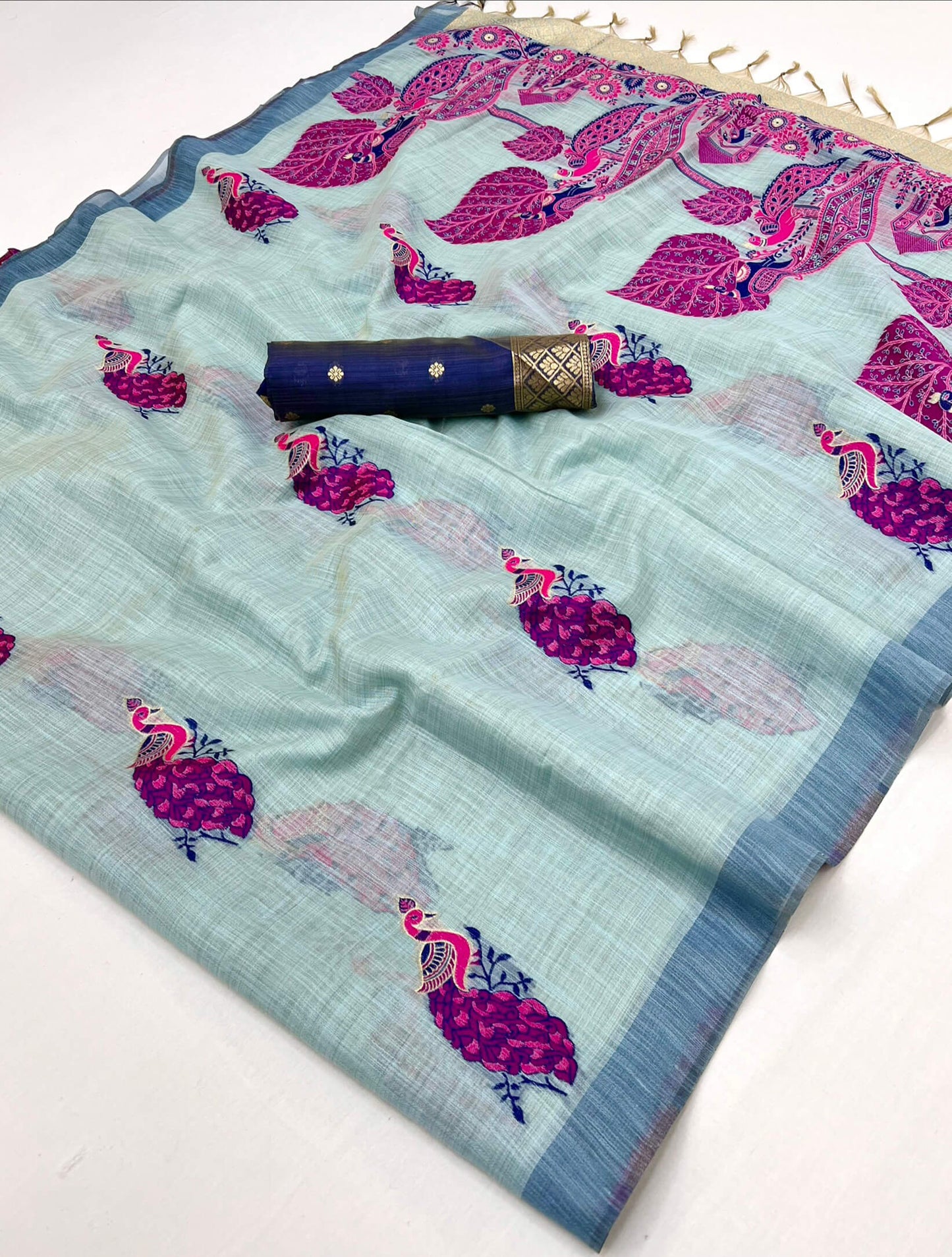 Prominent Sky Pure Munga Cotton Silk Saree With Divine Blouse Piece